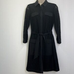CeCe - Black 3/4 Sleeve Eyelet Collared Lined Button Down Pocket Dress Size 0